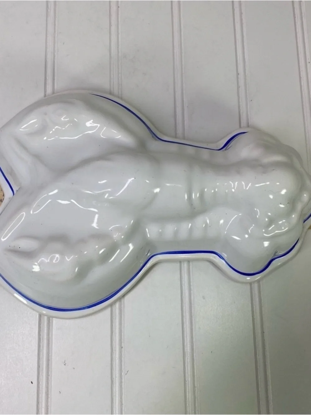 White Ceramic Lobster Decor with Blue Trim - Portugal